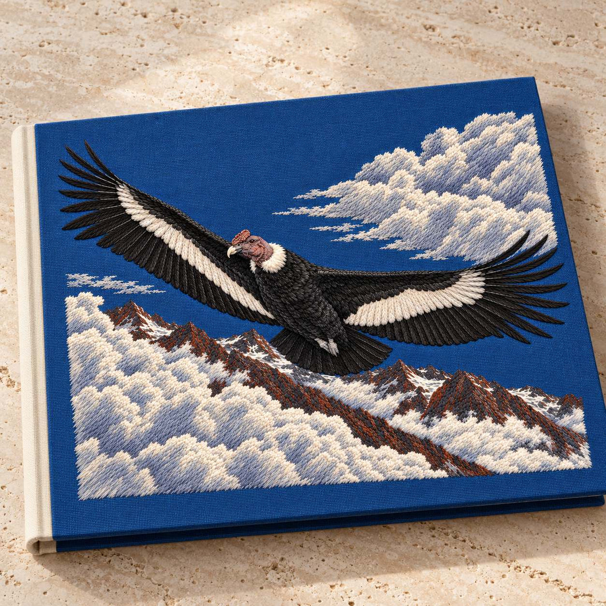 Condor Beyond the High Cloud Gate visual mockup shown on a cloth portfolio cover, with the design on deep blue linen.