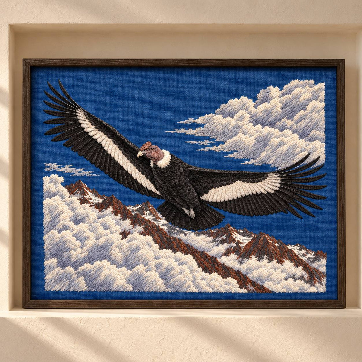 Condor Beyond the High Cloud Gate visual mockup shown as a framed textile in a gallery niche, with the design on deep blue linen.