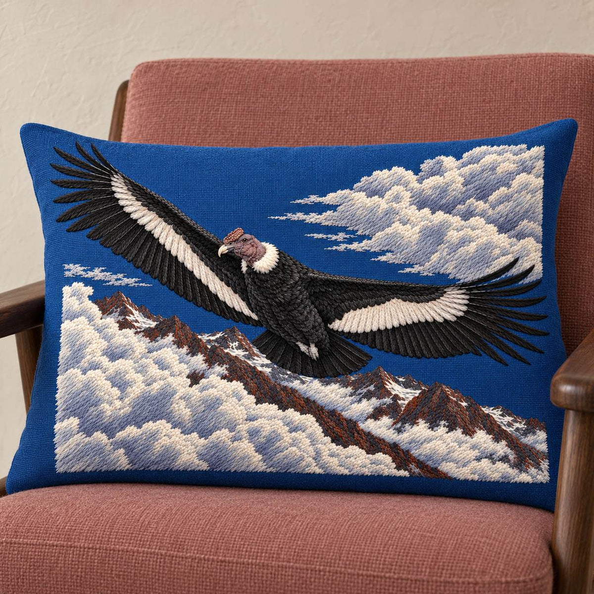 Condor Beyond the High Cloud Gate visual mockup shown on a cushion in a lounge chair, with the design on deep blue linen.