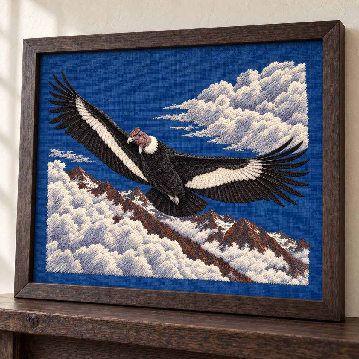 Condor Beyond the High Cloud Gate visual mockup shown in a frame leaning on a mantel, with the design on deep blue linen.