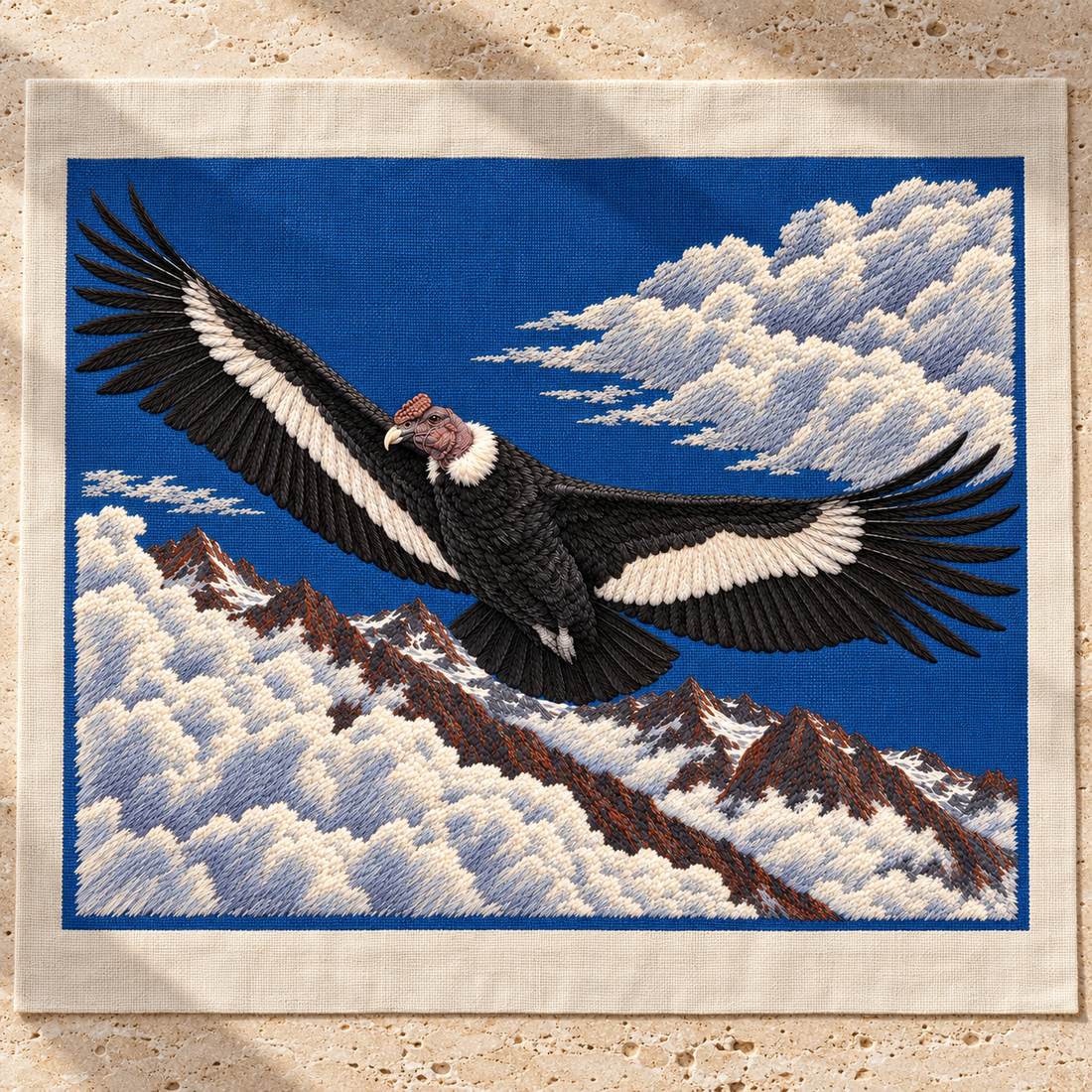 Condor Beyond the High Cloud Gate visual mockup shown as a textile panel on a stone platform, with the design on deep blue linen.