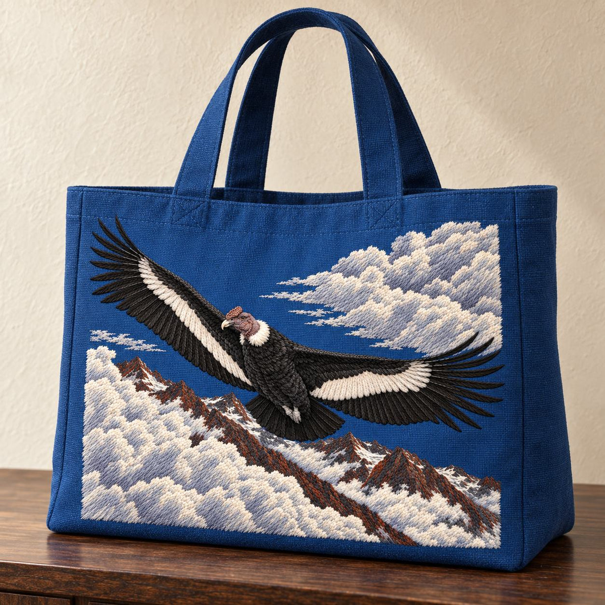Condor Beyond the High Cloud Gate visual mockup shown on the front of a structured linen tote, with the design on deep blue linen.