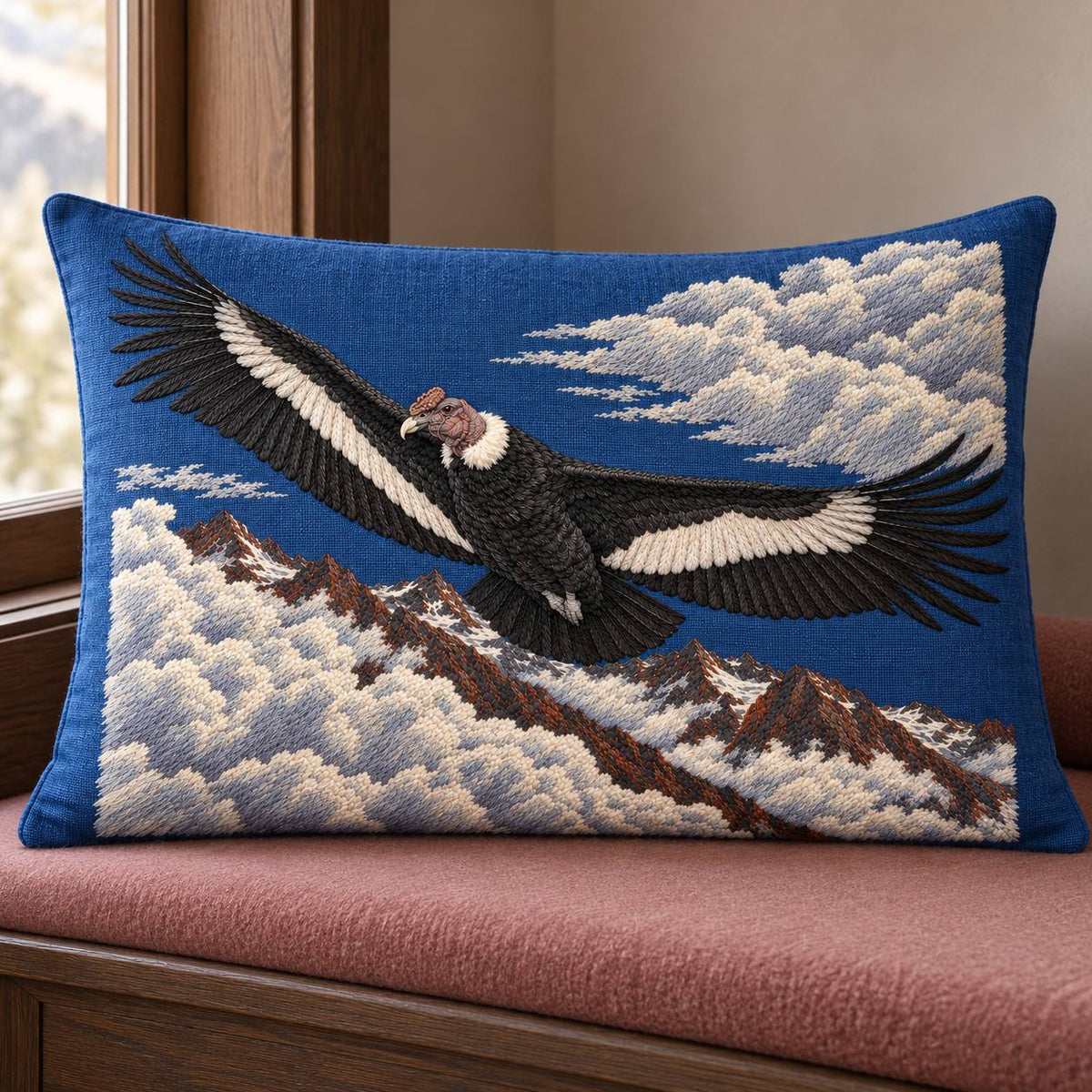 Condor Beyond the High Cloud Gate visual mockup shown on a cushion beside a window, with the design on deep blue linen.