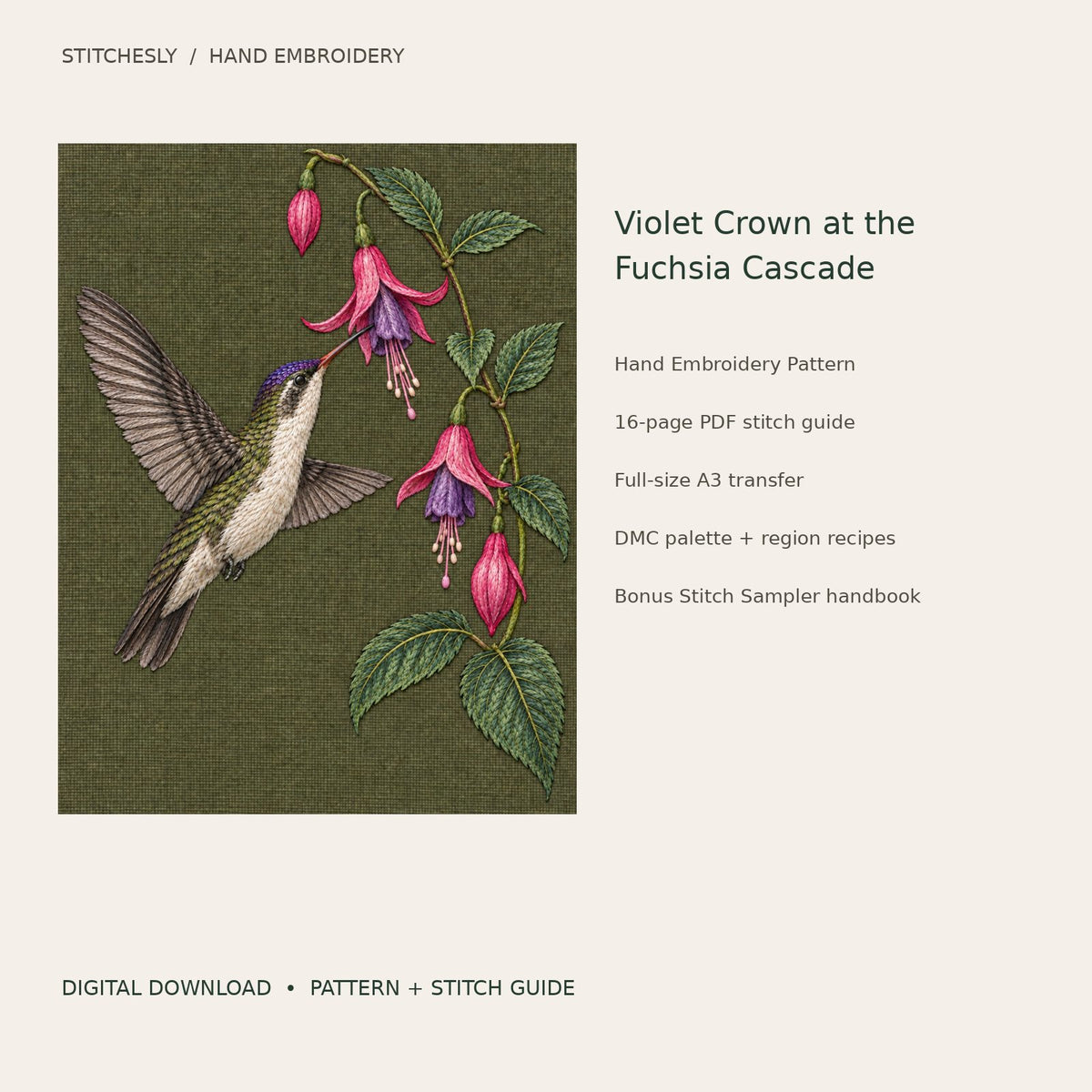 Violet Crown at the Fuchsia Cascade: digital hand embroidery pattern cover with artwork and included files