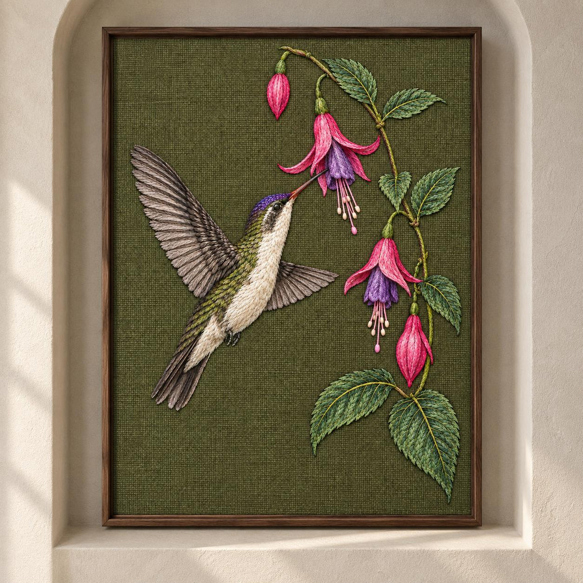 Violet Crown at the Fuchsia Cascade visual mockup shown as a framed textile in a gallery niche, with the design on dark olive linen.