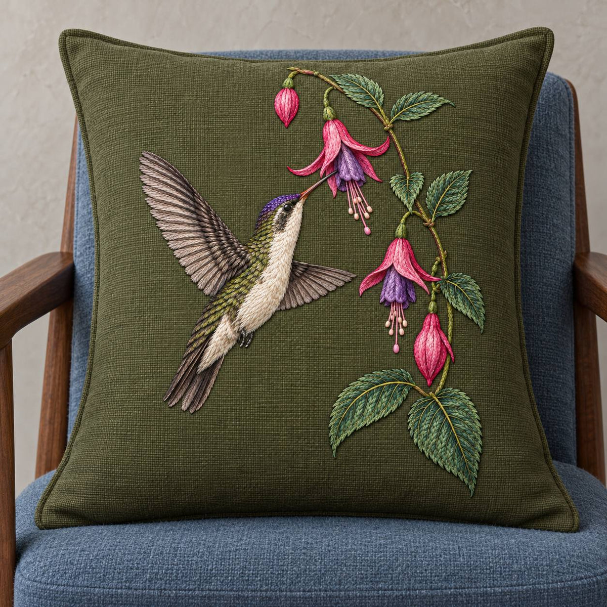 Violet Crown at the Fuchsia Cascade visual mockup shown on a cushion in a lounge chair, with the design on dark olive linen.