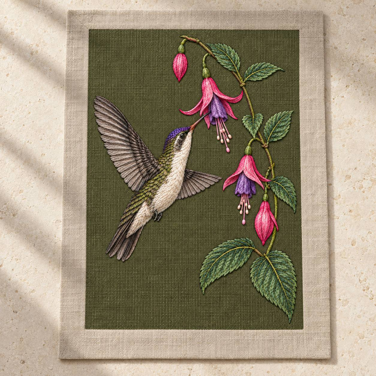 Violet Crown at the Fuchsia Cascade visual mockup shown as a textile panel on a stone platform, with the design on dark olive linen.