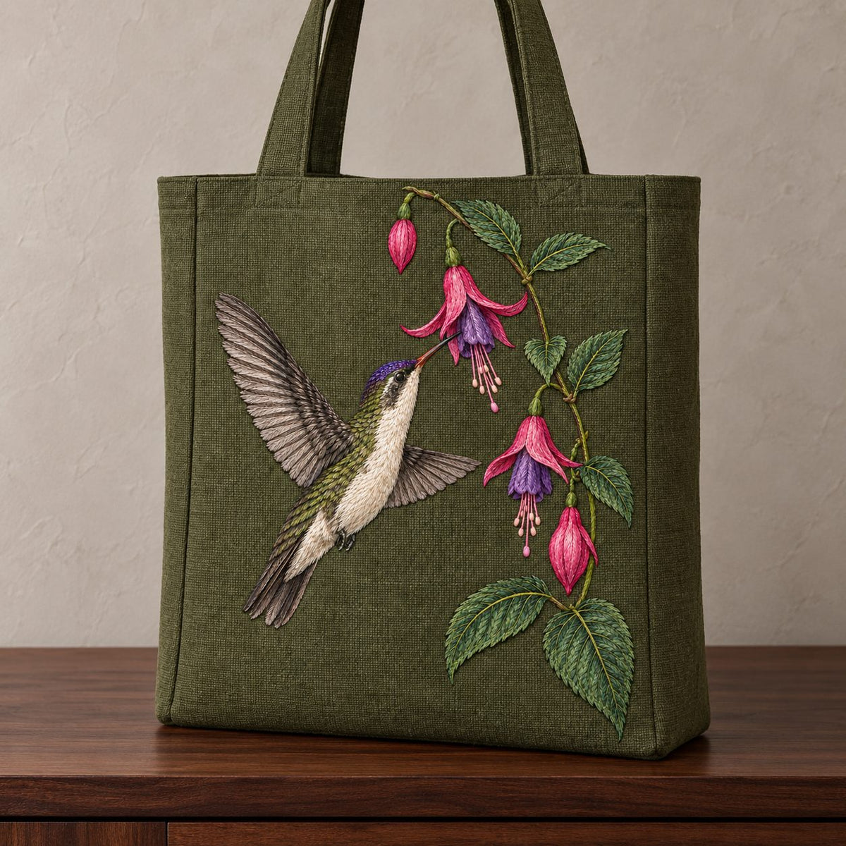 Violet Crown at the Fuchsia Cascade visual mockup shown on the front of a structured linen tote, with the design on dark olive linen.