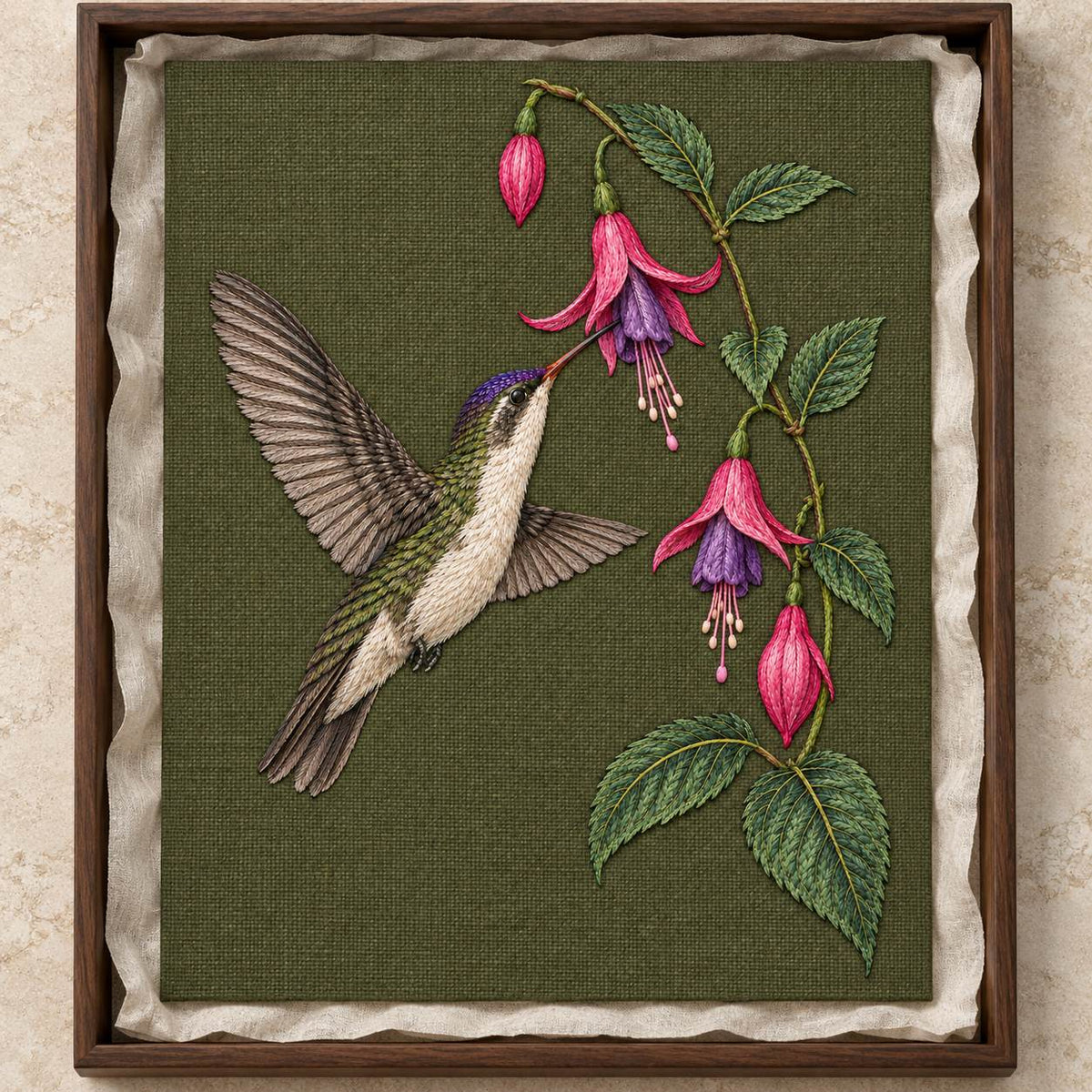 Violet Crown at the Fuchsia Cascade visual mockup shown as a textile panel in a collection tray, with the design on dark olive linen.
