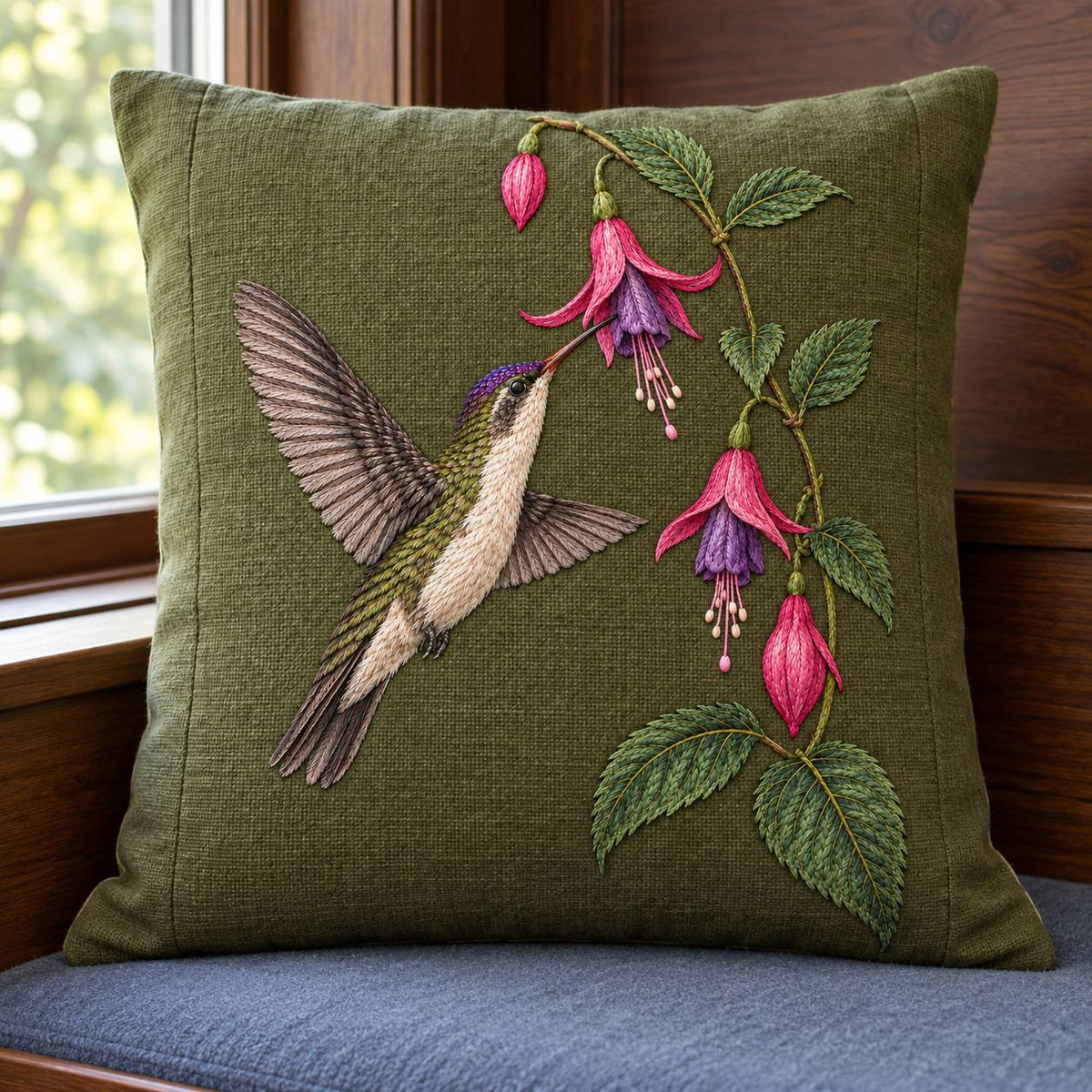 Violet Crown at the Fuchsia Cascade visual mockup shown on a cushion beside a window, with the design on dark olive linen.