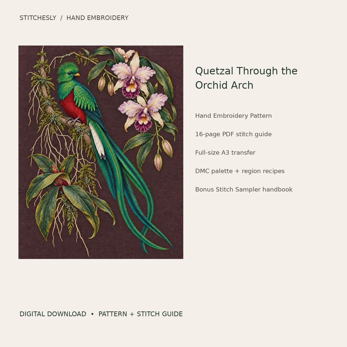Quetzal Through the Orchid Arch: digital hand embroidery pattern cover with artwork and included files