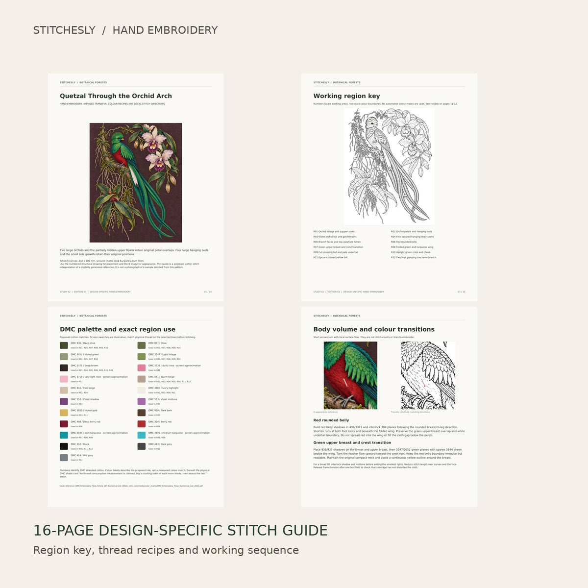 Quetzal Through the Orchid Arch: preview of the 16-page stitch guide, region key, DMC palette and stitching instructions