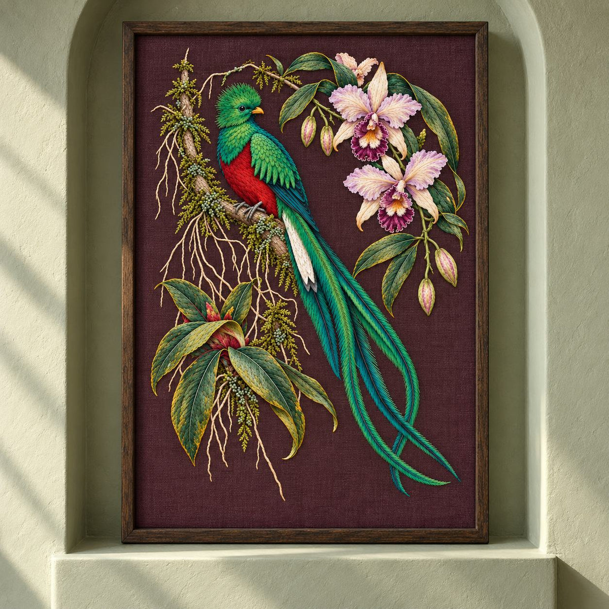 Quetzal Through the Orchid Arch visual mockup shown as a framed textile in a gallery niche, with the design on deep burgundy-plum linen.