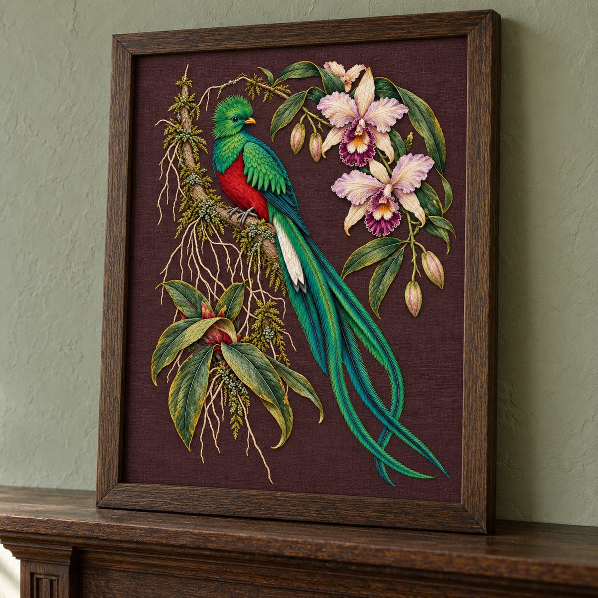 Quetzal Through the Orchid Arch visual mockup shown in a frame leaning on a mantel, with the design on deep burgundy-plum linen.