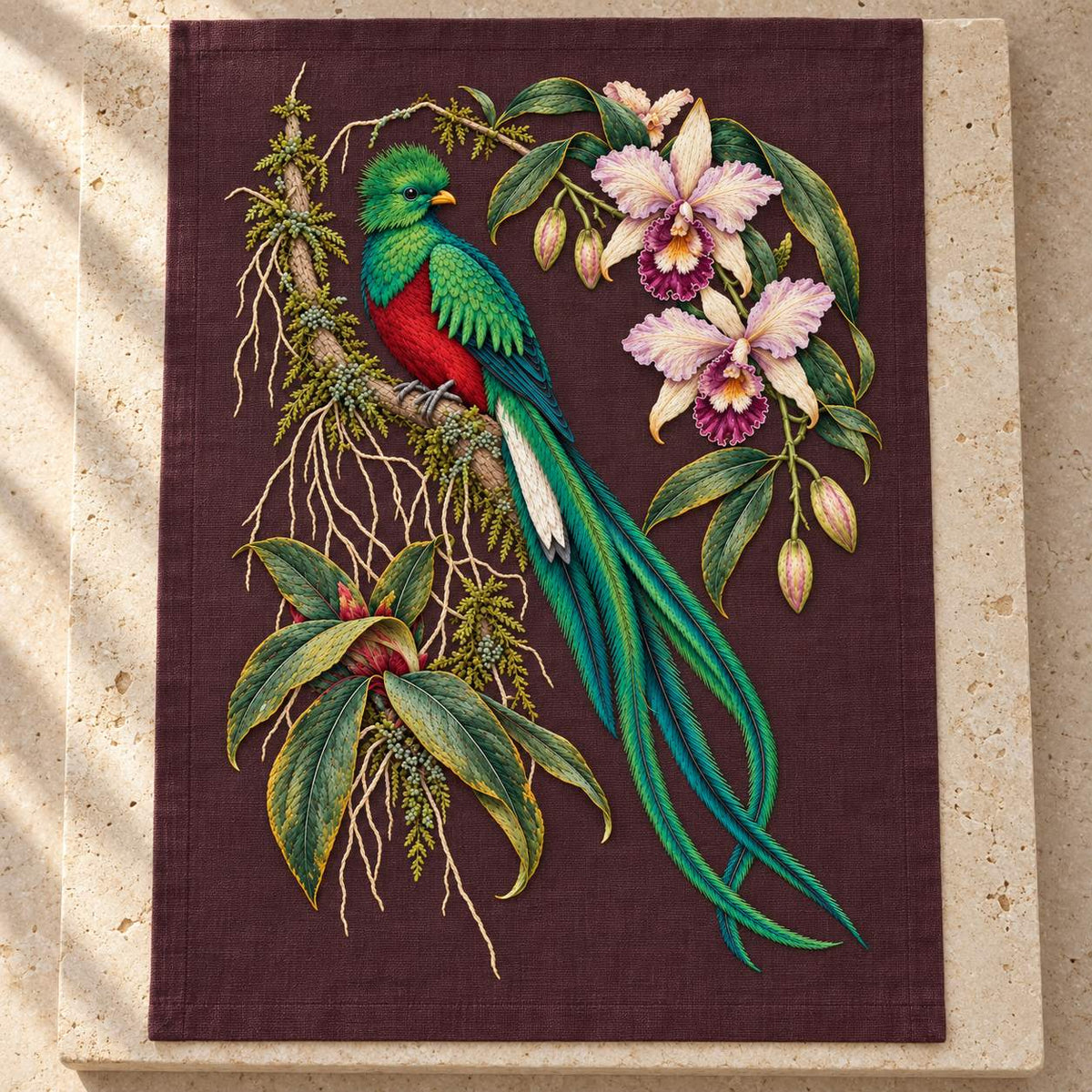 Quetzal Through the Orchid Arch visual mockup shown as a textile panel on a stone platform, with the design on deep burgundy-plum linen.