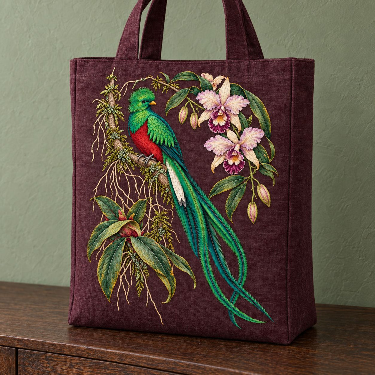 Quetzal Through the Orchid Arch visual mockup shown on the front of a structured linen tote, with the design on deep burgundy-plum linen.