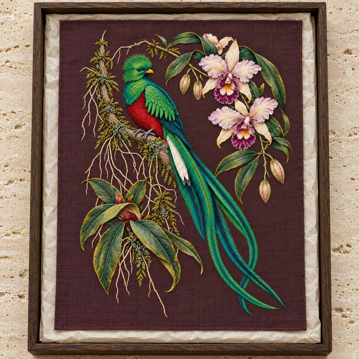 Quetzal Through the Orchid Arch visual mockup shown as a textile panel in a collection tray, with the design on deep burgundy-plum linen.