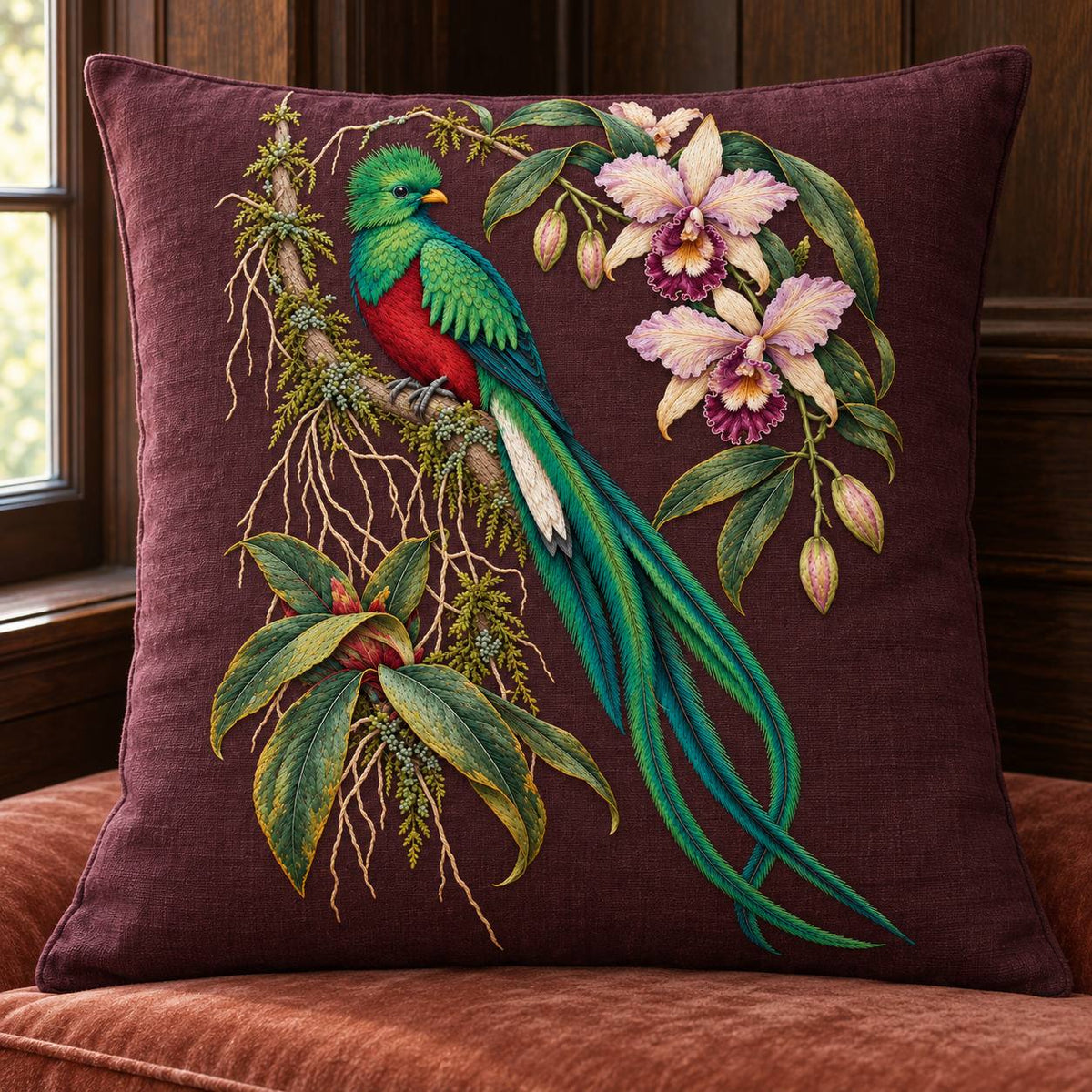 Quetzal Through the Orchid Arch visual mockup shown on a cushion beside a window, with the design on deep burgundy-plum linen.