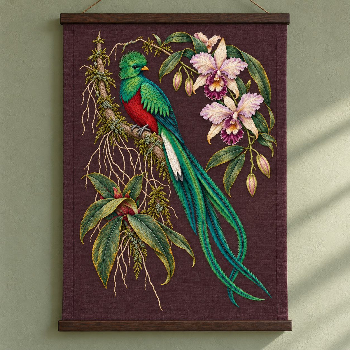Quetzal Through the Orchid Arch visual mockup shown as a hanging textile held by wooden rails, with the design on deep burgundy-plum linen.