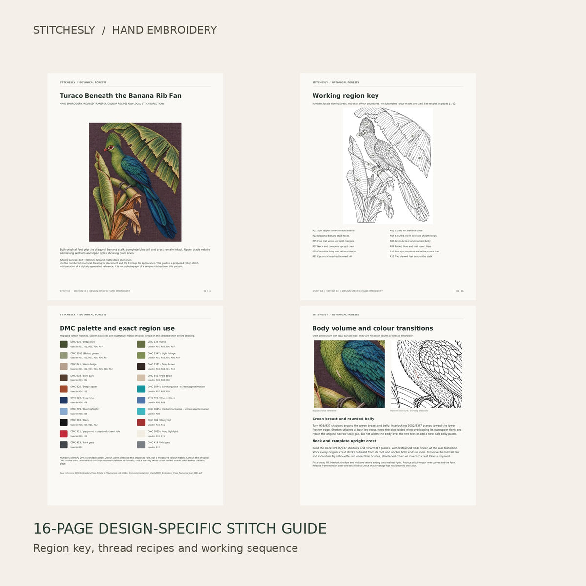 Turaco Beneath the Banana Rib Fan: preview of the 16-page stitch guide, region key, DMC palette and stitching instructions