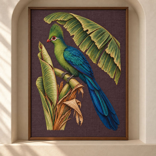 Turaco Beneath the Banana Rib Fan visual mockup shown as a framed textile in a gallery niche, with the design on deep plum linen.