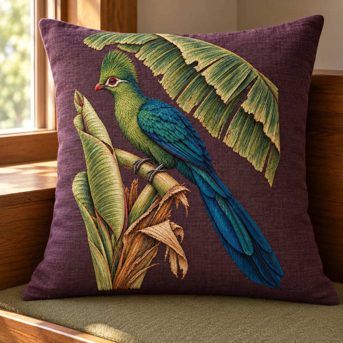 Turaco Beneath the Banana Rib Fan visual mockup shown on a cushion beside a window, with the design on deep plum linen.