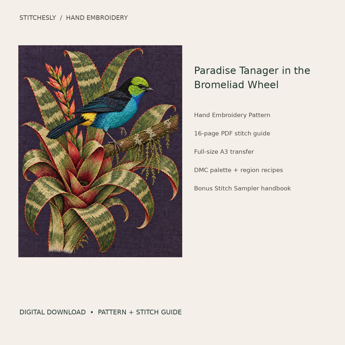 Paradise Tanager in the Bromeliad Wheel: digital hand embroidery pattern cover with artwork and included files
