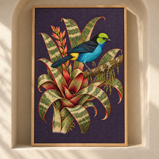 Paradise Tanager in the Bromeliad Wheel visual mockup shown as a framed textile in a gallery niche, with the design on deep violet-slate linen.