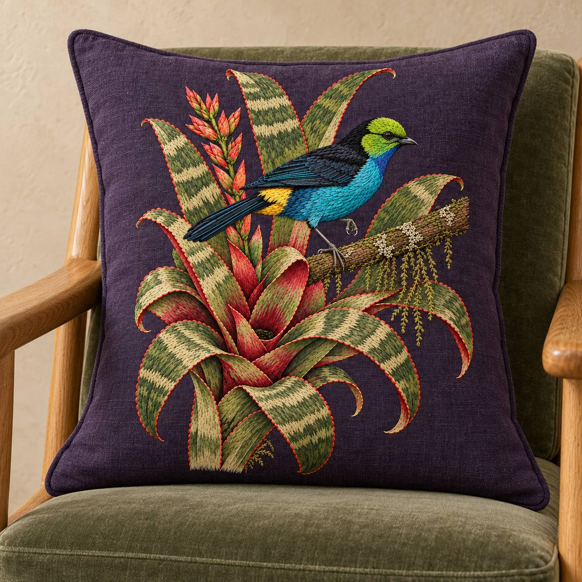 Paradise Tanager in the Bromeliad Wheel visual mockup shown on a cushion in a lounge chair, with the design on deep violet-slate linen.