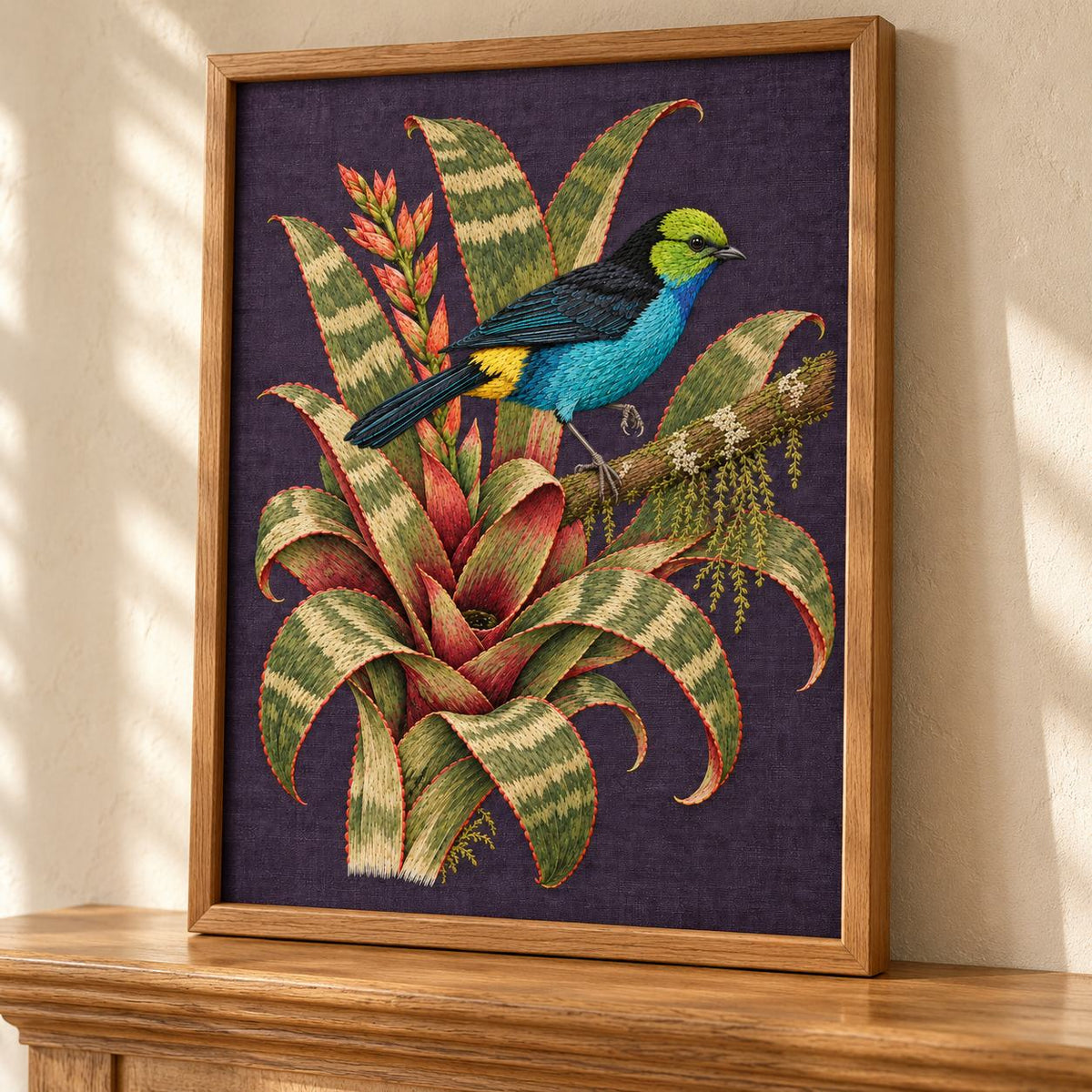 Paradise Tanager in the Bromeliad Wheel visual mockup shown in a frame leaning on a mantel, with the design on deep violet-slate linen.