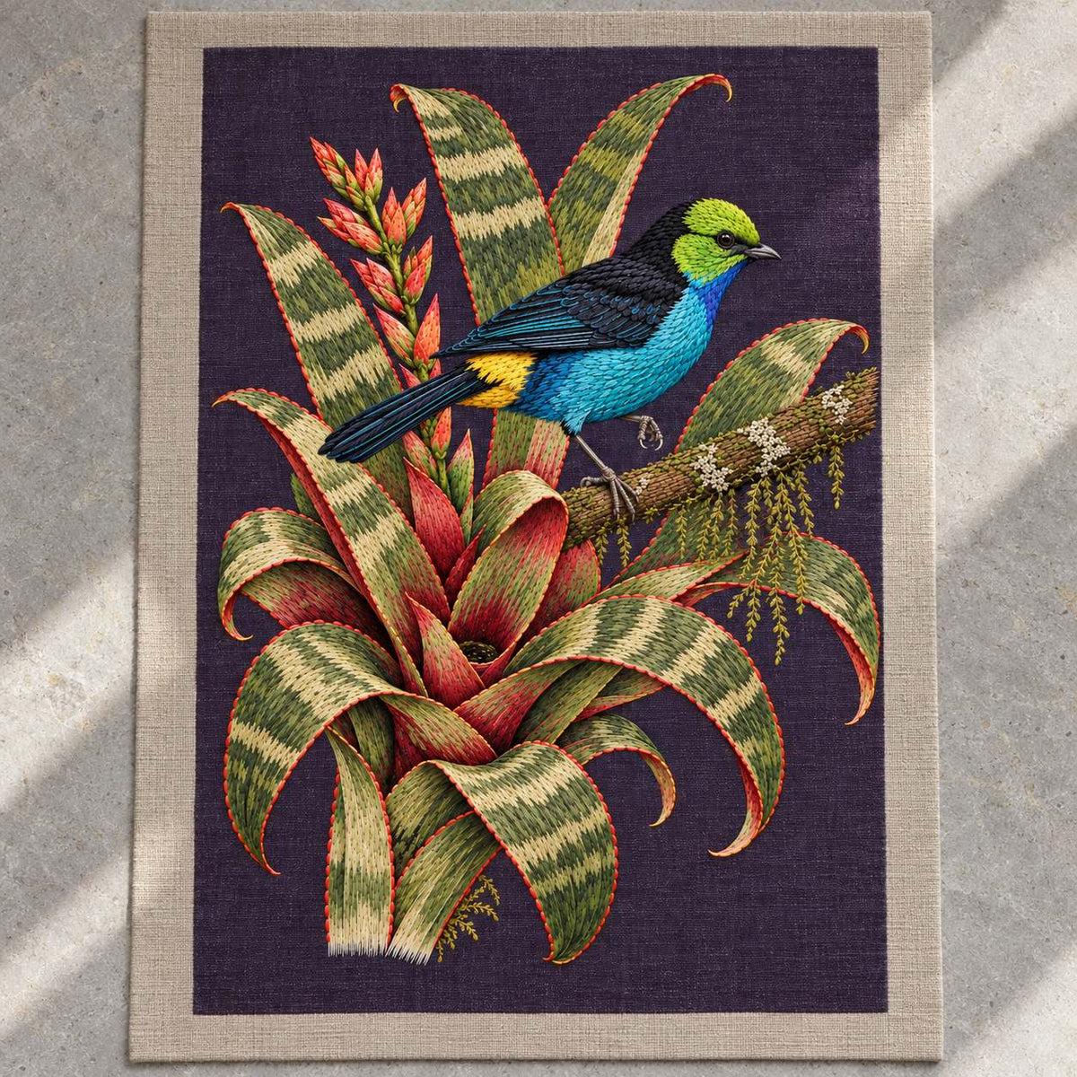 Paradise Tanager in the Bromeliad Wheel visual mockup shown as a textile panel on a stone platform, with the design on deep violet-slate linen.