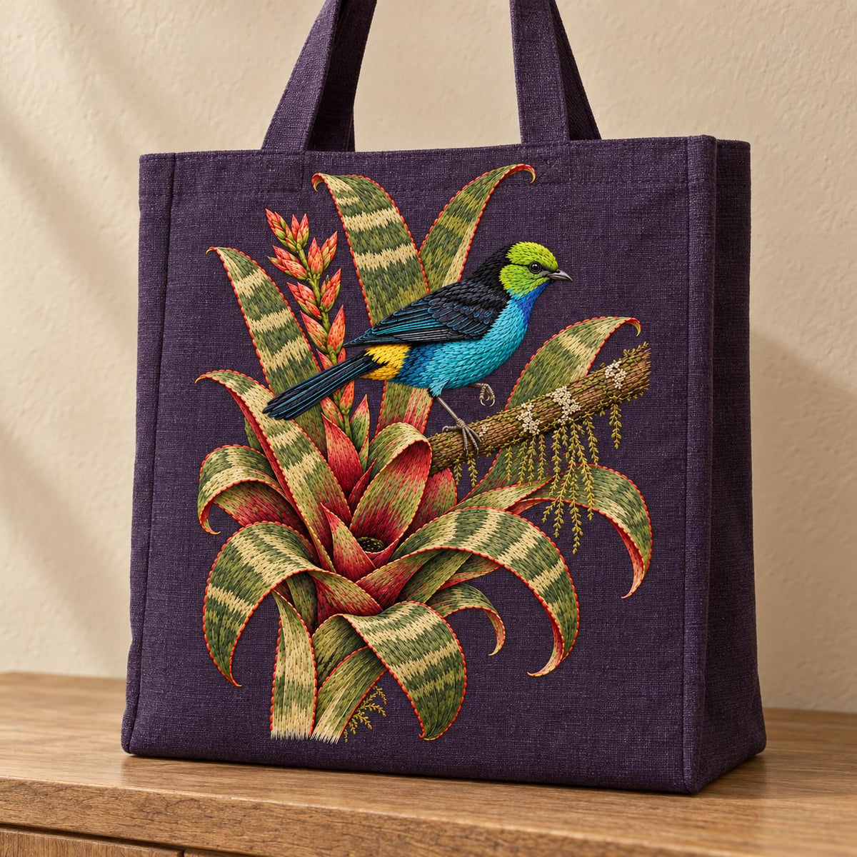 Paradise Tanager in the Bromeliad Wheel visual mockup shown on the front of a structured linen tote, with the design on deep violet-slate linen.