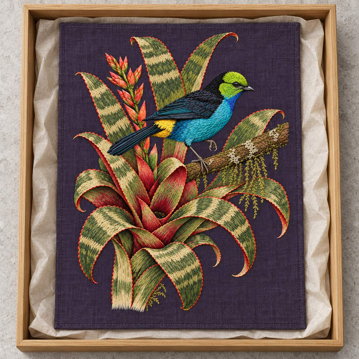 Paradise Tanager in the Bromeliad Wheel visual mockup shown as a textile panel in a collection tray, with the design on deep violet-slate linen.