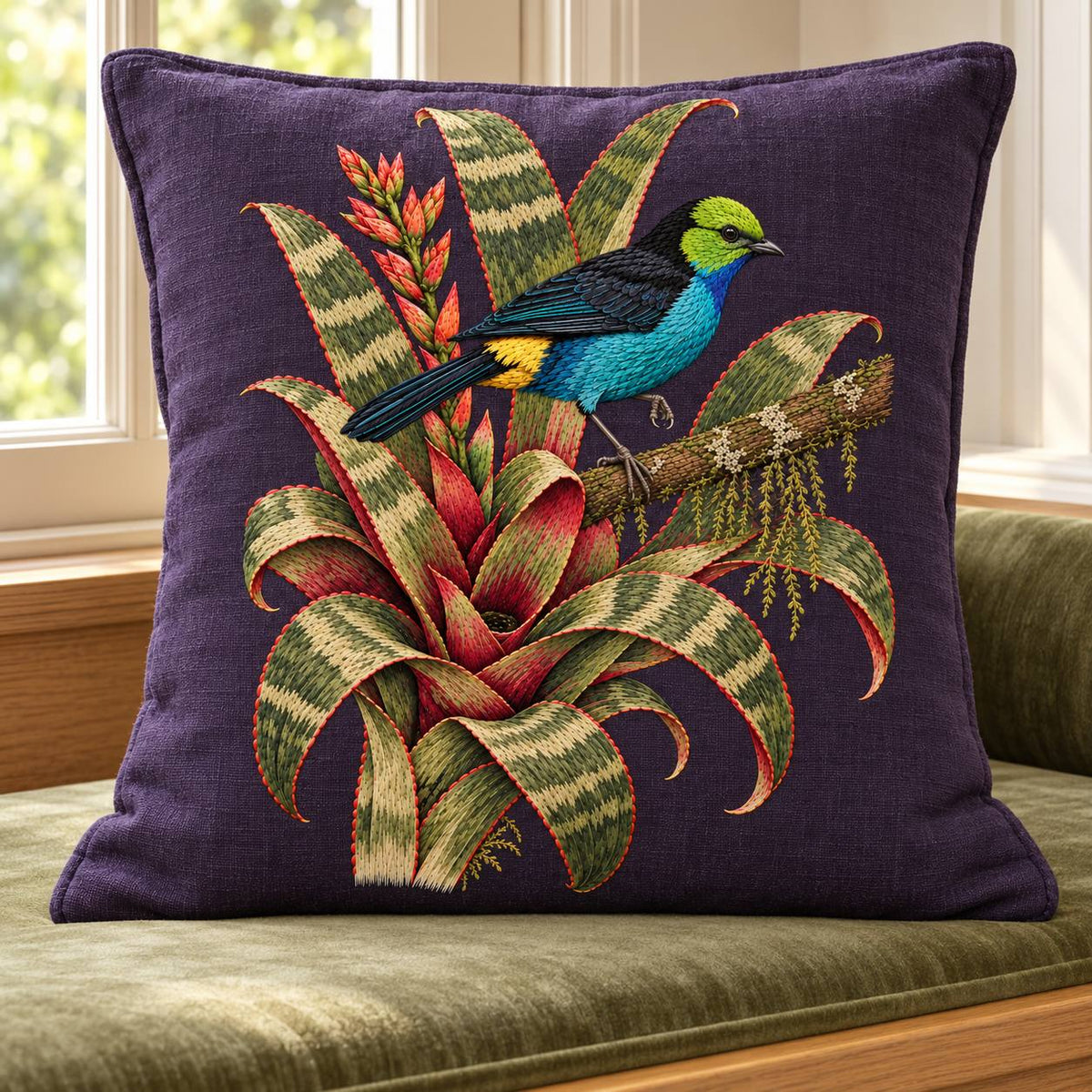 Paradise Tanager in the Bromeliad Wheel visual mockup shown on a cushion beside a window, with the design on deep violet-slate linen.