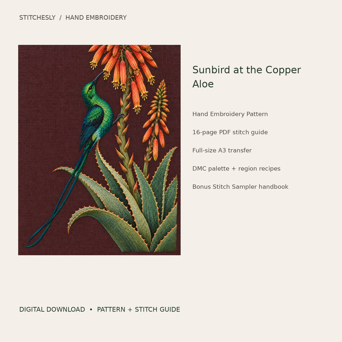 Sunbird at the Copper Aloe: digital hand embroidery pattern cover with artwork and included files