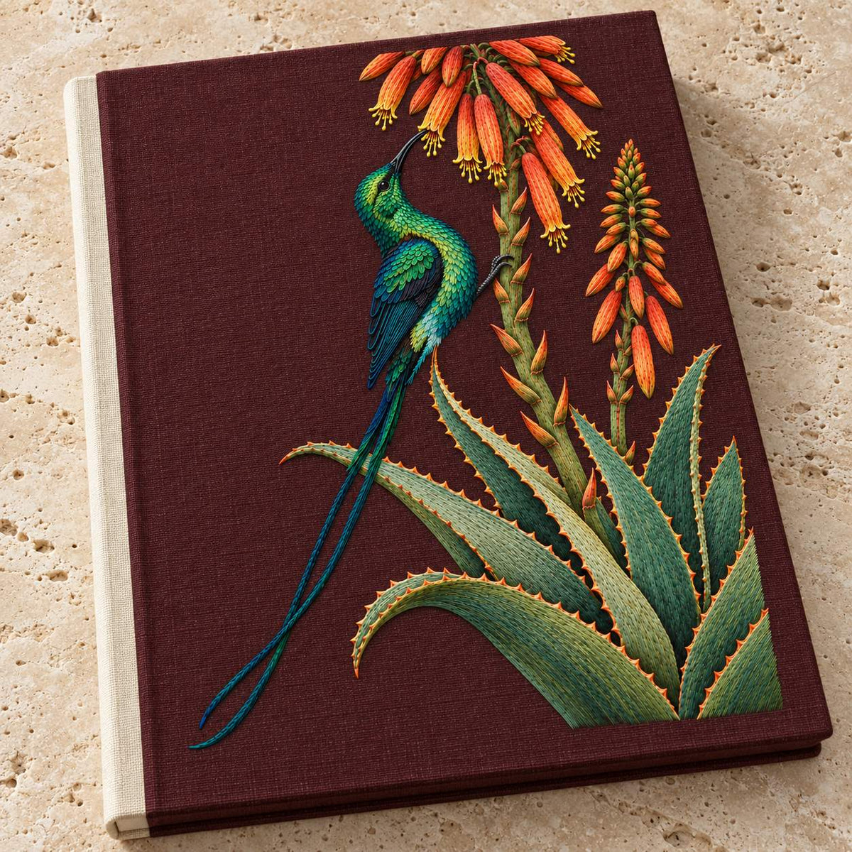 Sunbird at the Copper Aloe visual mockup shown on a cloth portfolio cover, with the design on dark burgundy linen.