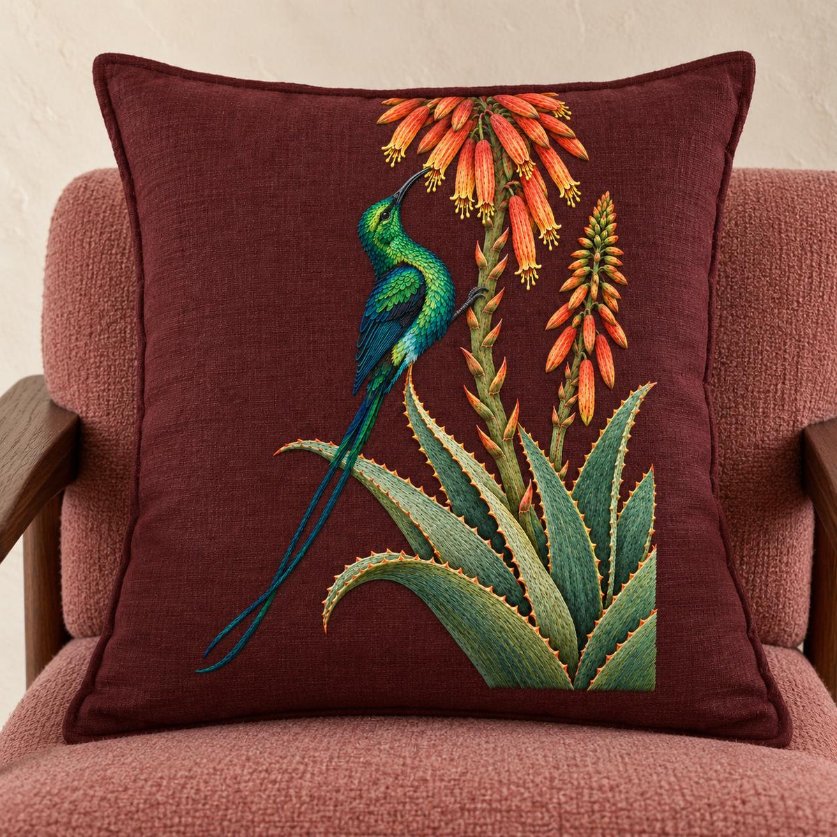 Sunbird at the Copper Aloe visual mockup shown on a cushion in a lounge chair, with the design on dark burgundy linen.