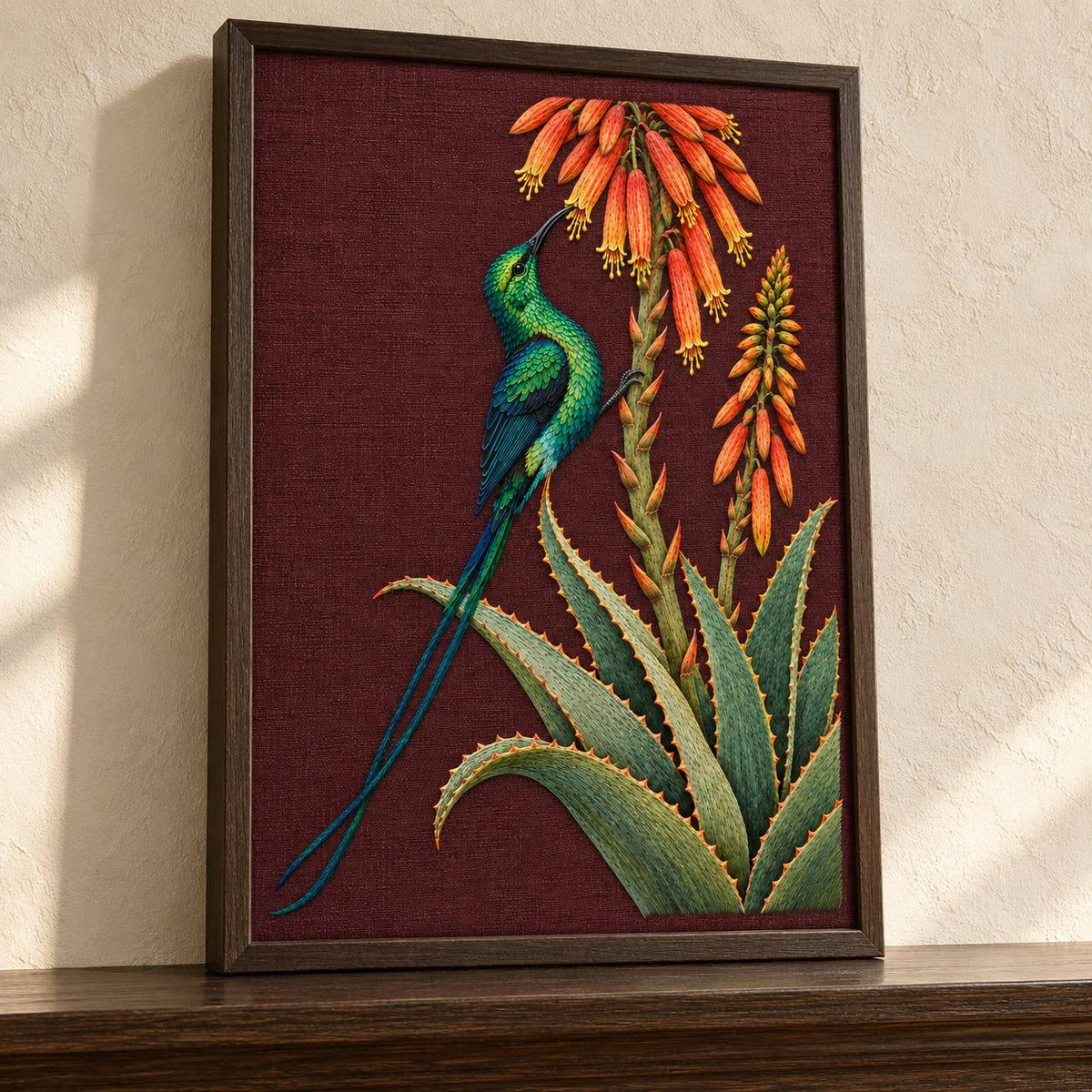 Sunbird at the Copper Aloe visual mockup shown in a frame leaning on a mantel, with the design on dark burgundy linen.