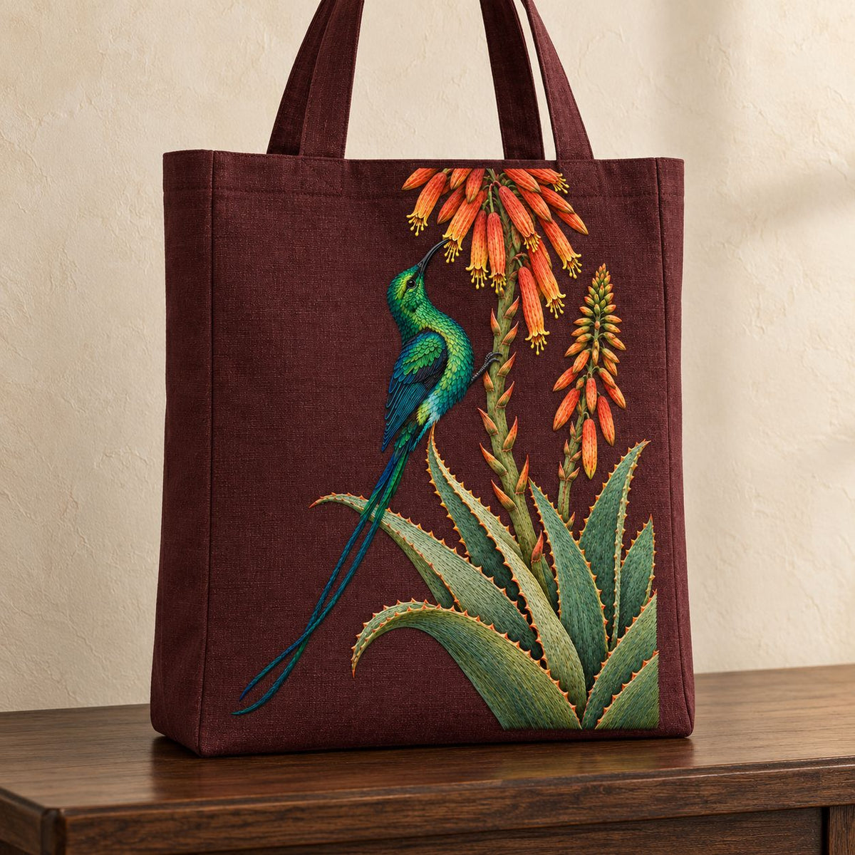 Sunbird at the Copper Aloe visual mockup shown on the front of a structured linen tote, with the design on dark burgundy linen.