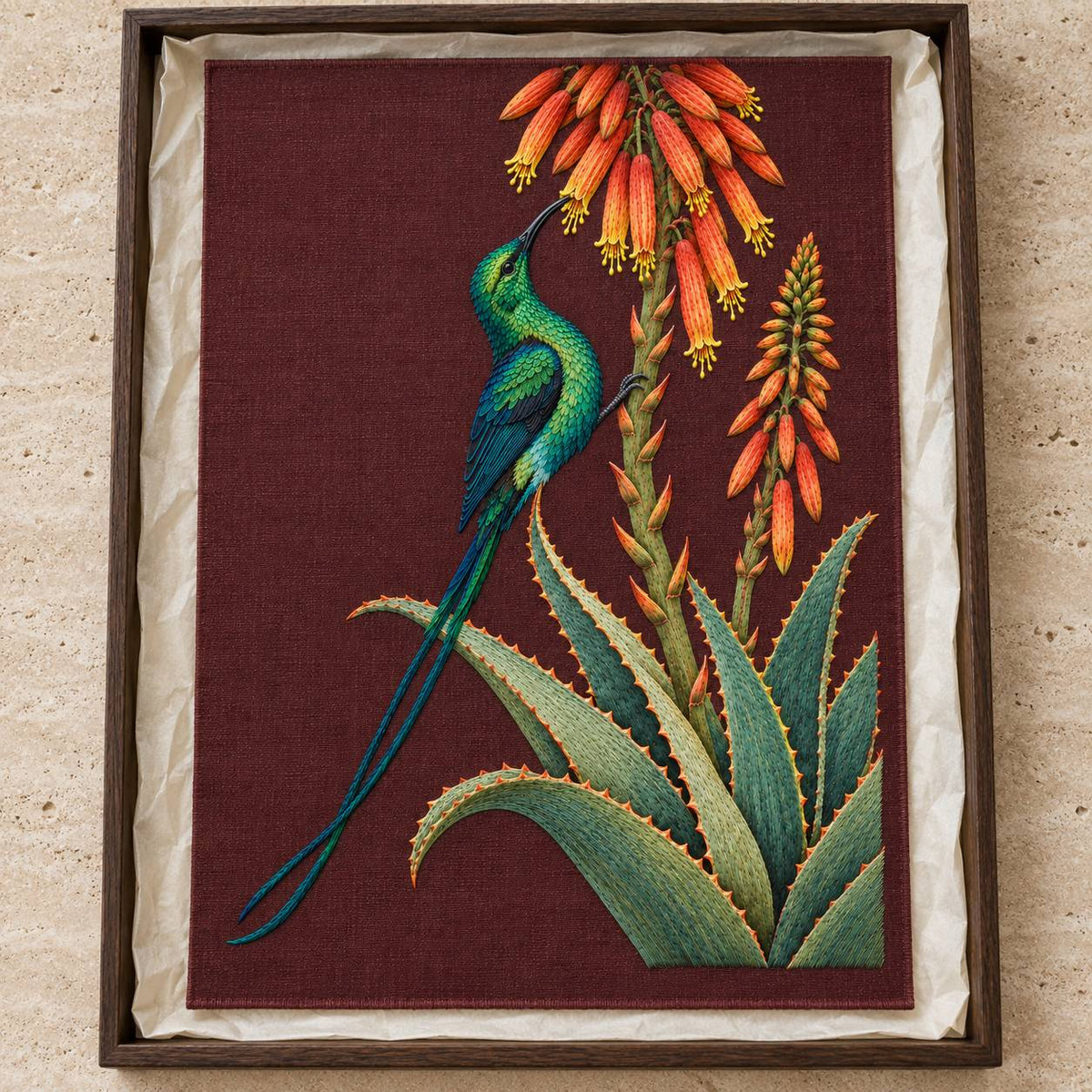 Sunbird at the Copper Aloe visual mockup shown as a textile panel in a collection tray, with the design on dark burgundy linen.