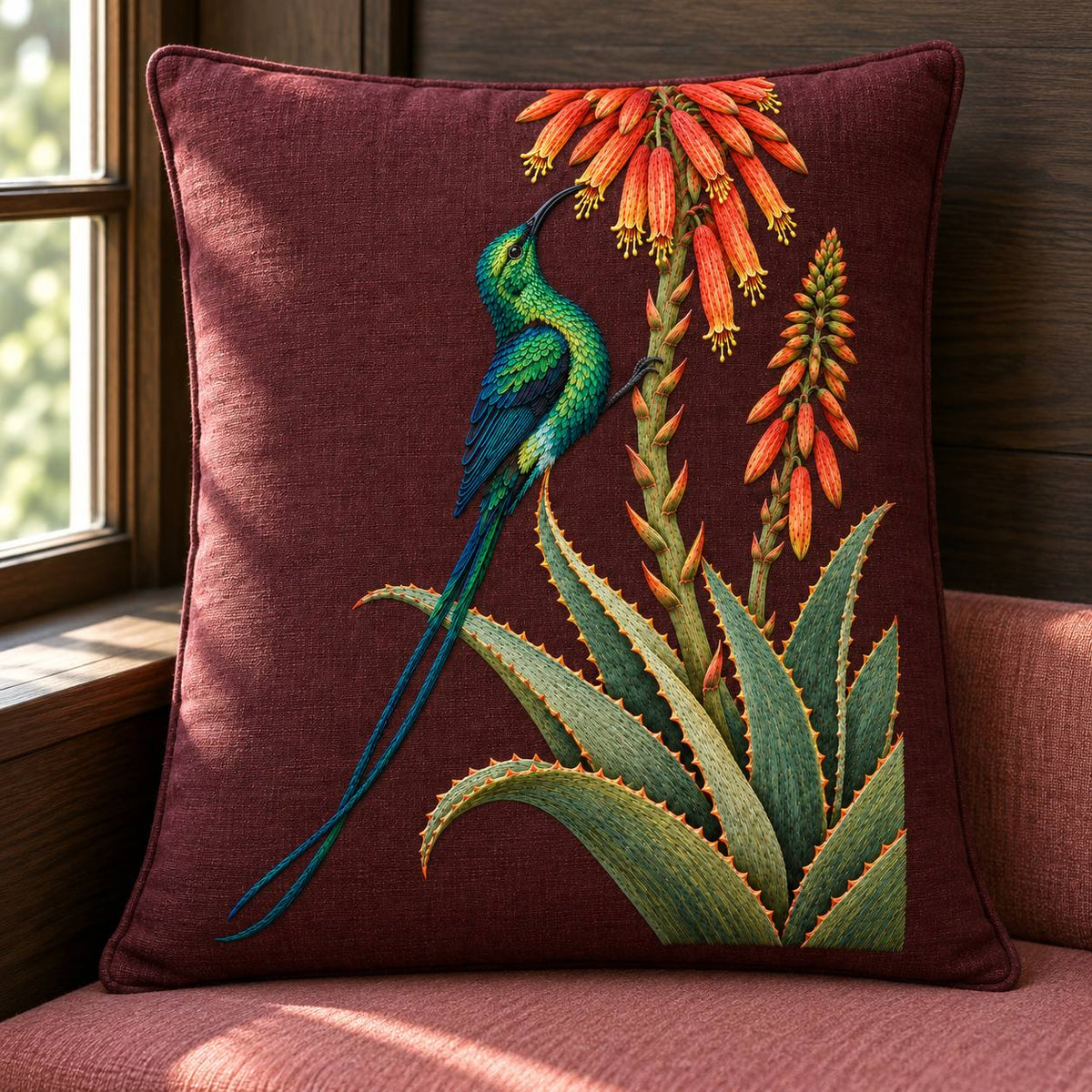 Sunbird at the Copper Aloe visual mockup shown on a cushion beside a window, with the design on dark burgundy linen.