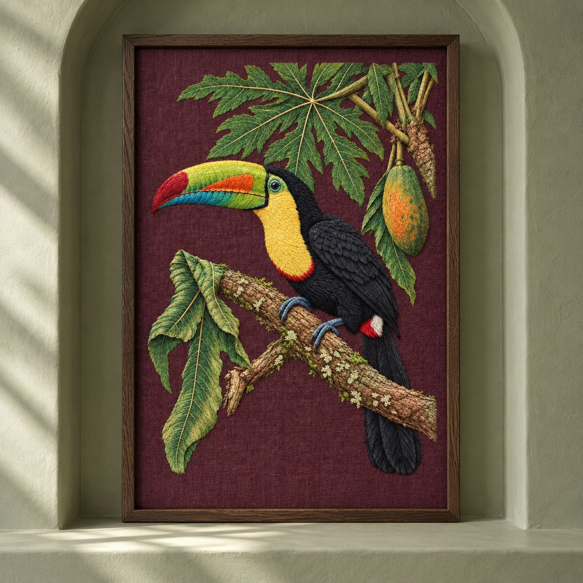 Toucan Under the Papaya Canopy visual mockup shown as a framed textile in a gallery niche, with the design on deep burgundy linen.