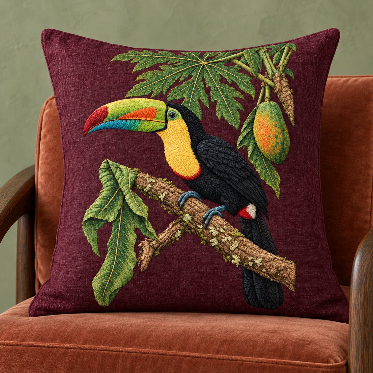 Toucan Under the Papaya Canopy visual mockup shown on a cushion in a lounge chair, with the design on deep burgundy linen.