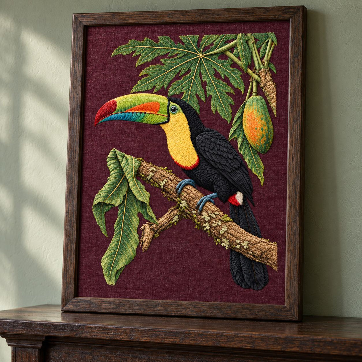 Toucan Under the Papaya Canopy visual mockup shown in a frame leaning on a mantel, with the design on deep burgundy linen.