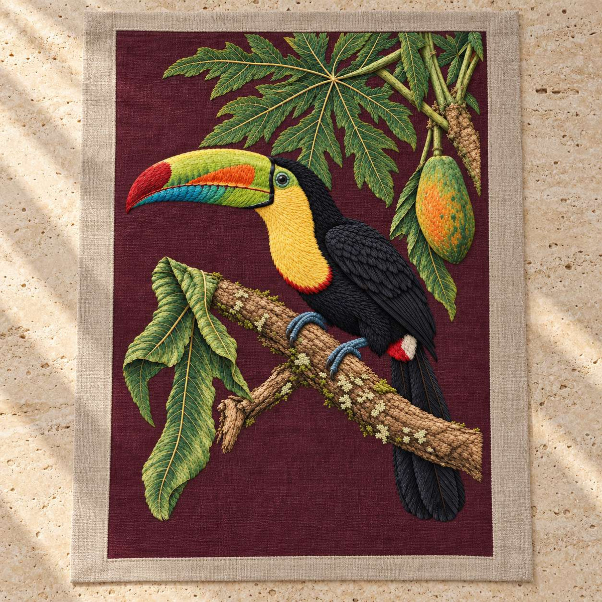 Toucan Under the Papaya Canopy visual mockup shown as a textile panel on a stone platform, with the design on deep burgundy linen.