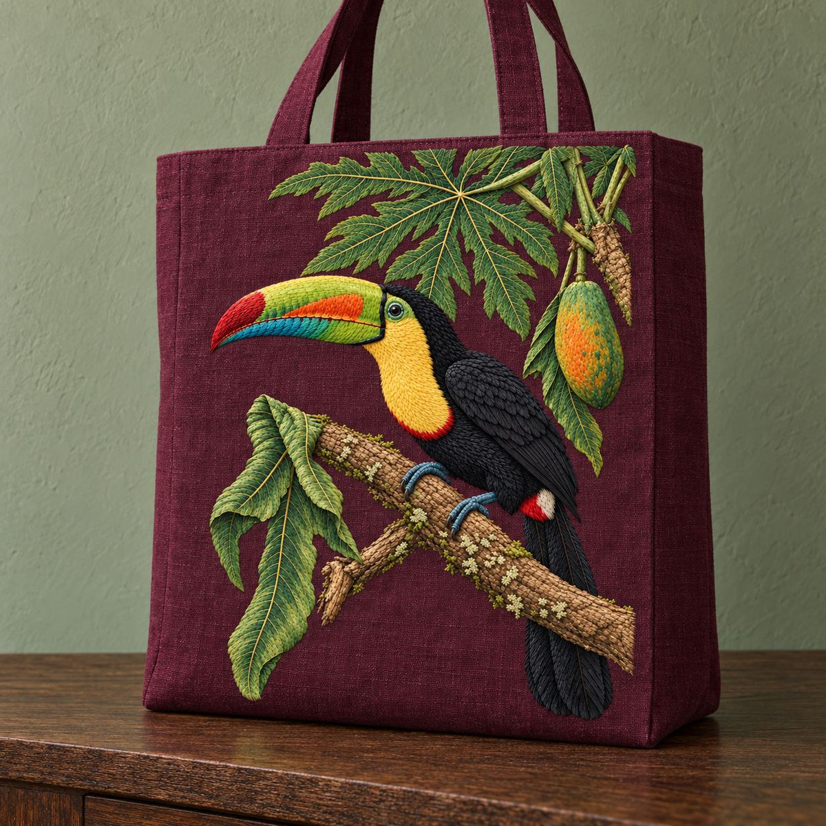 Toucan Under the Papaya Canopy visual mockup shown on the front of a structured linen tote, with the design on deep burgundy linen.