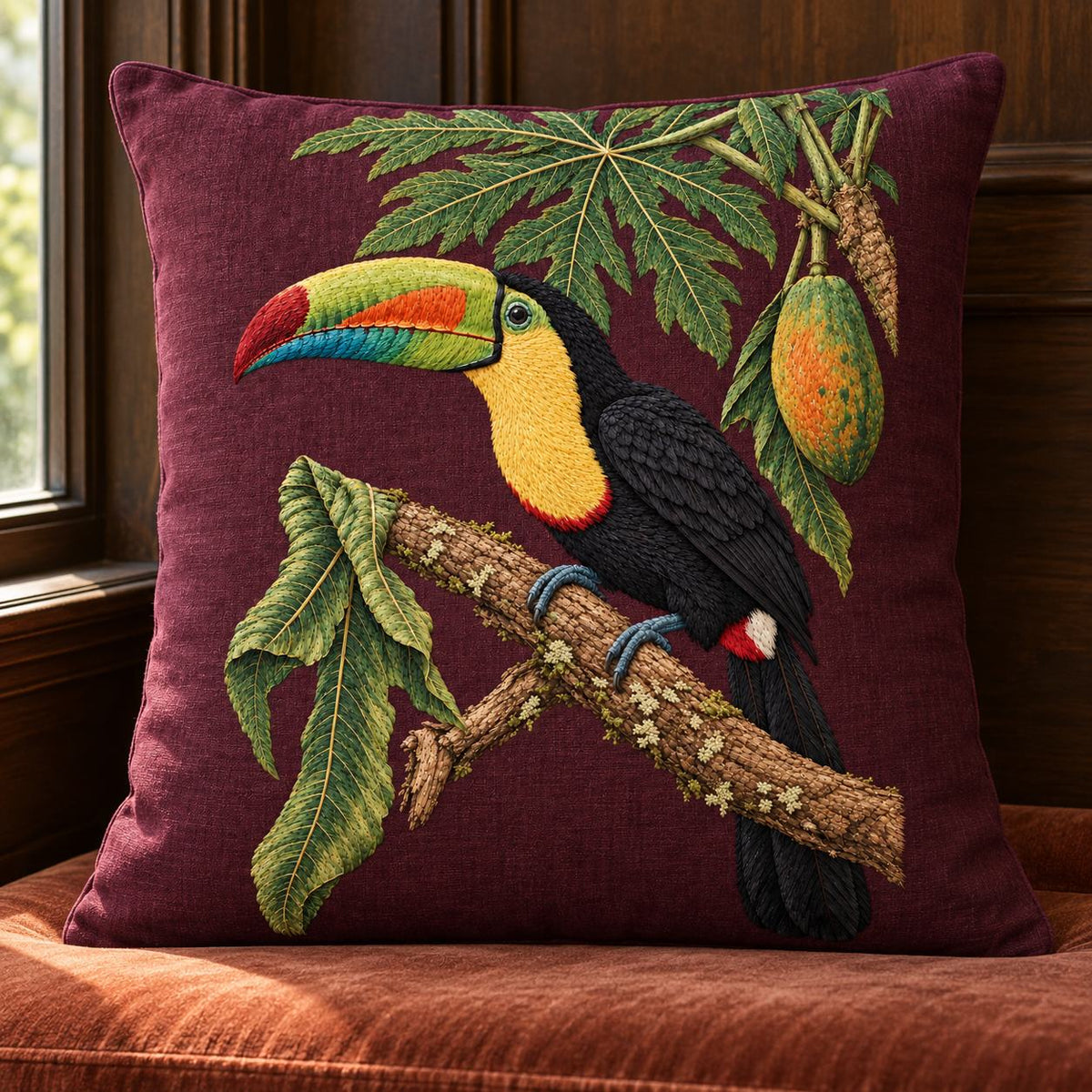 Toucan Under the Papaya Canopy visual mockup shown on a cushion beside a window, with the design on deep burgundy linen.