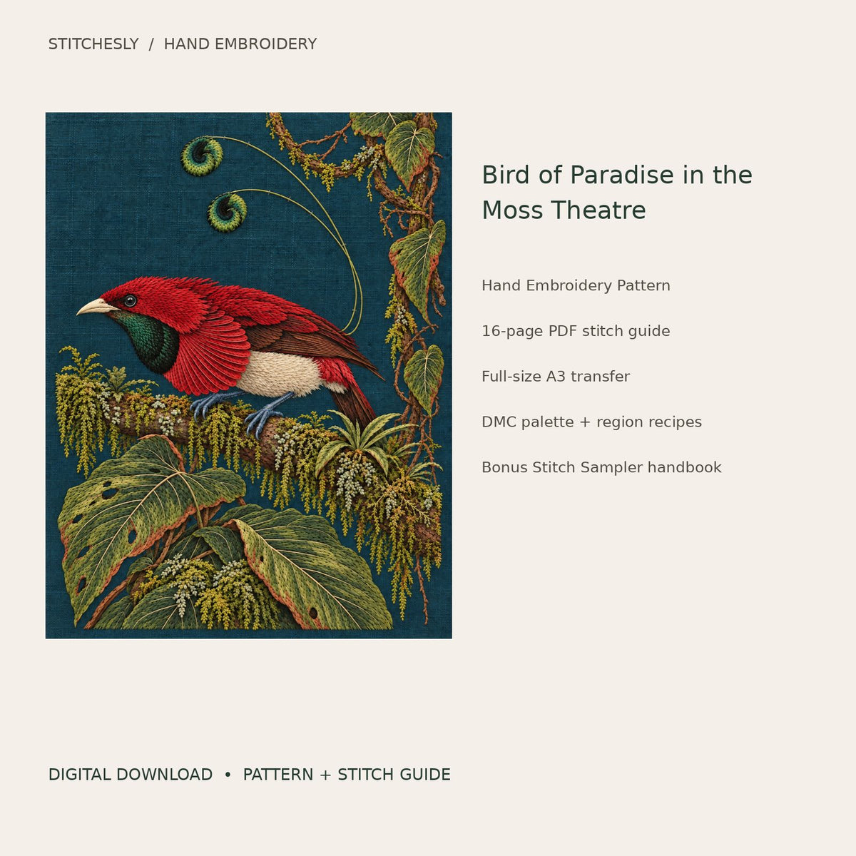 Bird of Paradise in the Moss Theatre: digital hand embroidery pattern cover with artwork and included files
