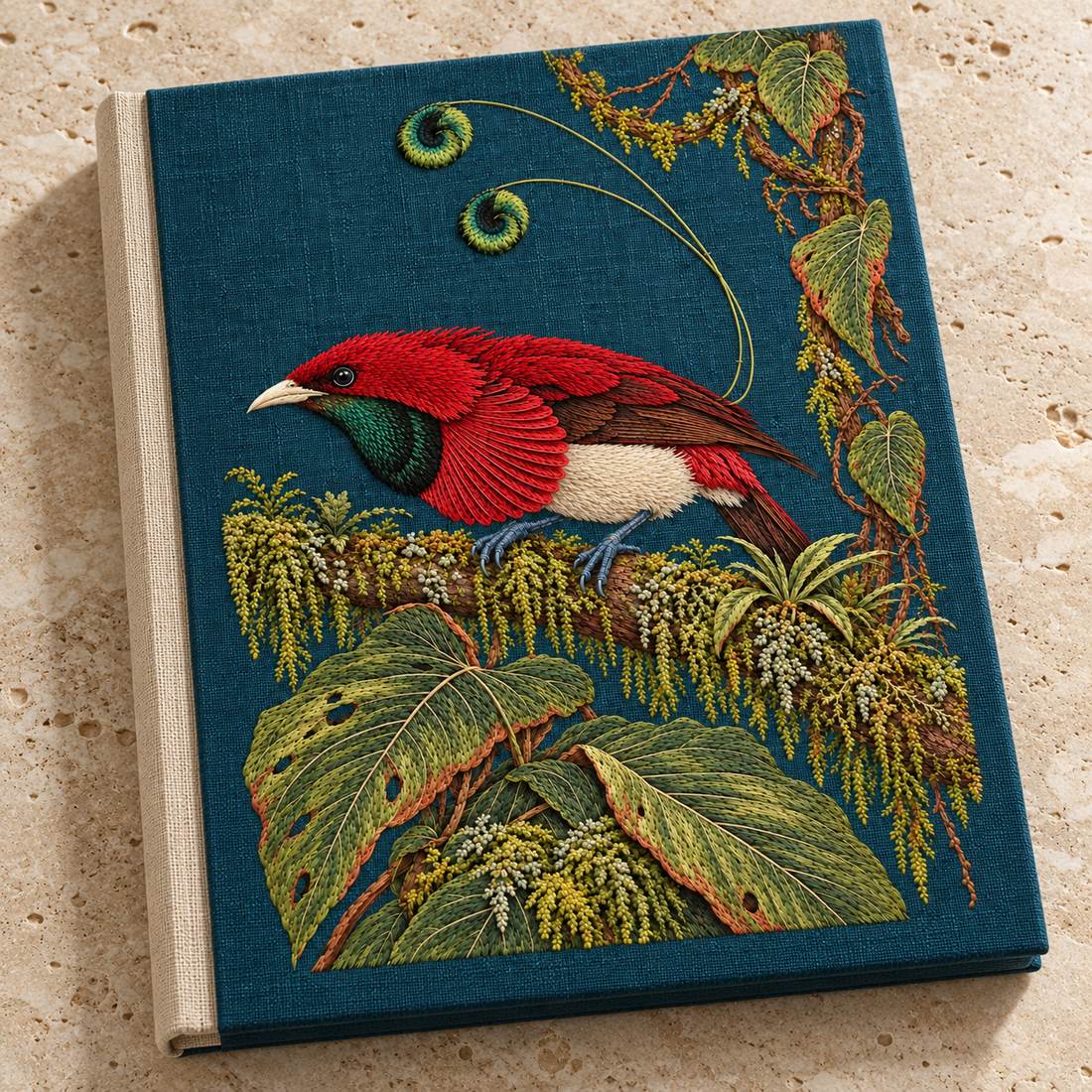 Bird of Paradise in the Moss Theatre visual mockup shown on a cloth portfolio cover, with the design on deep teal linen.