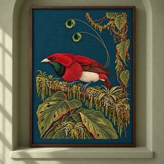Bird of Paradise in the Moss Theatre visual mockup shown as a framed textile in a gallery niche, with the design on deep teal linen.